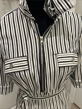 Mlle Gabrielle NWT Black & White Vertical Stripe Midi Shirt Dress Size Small